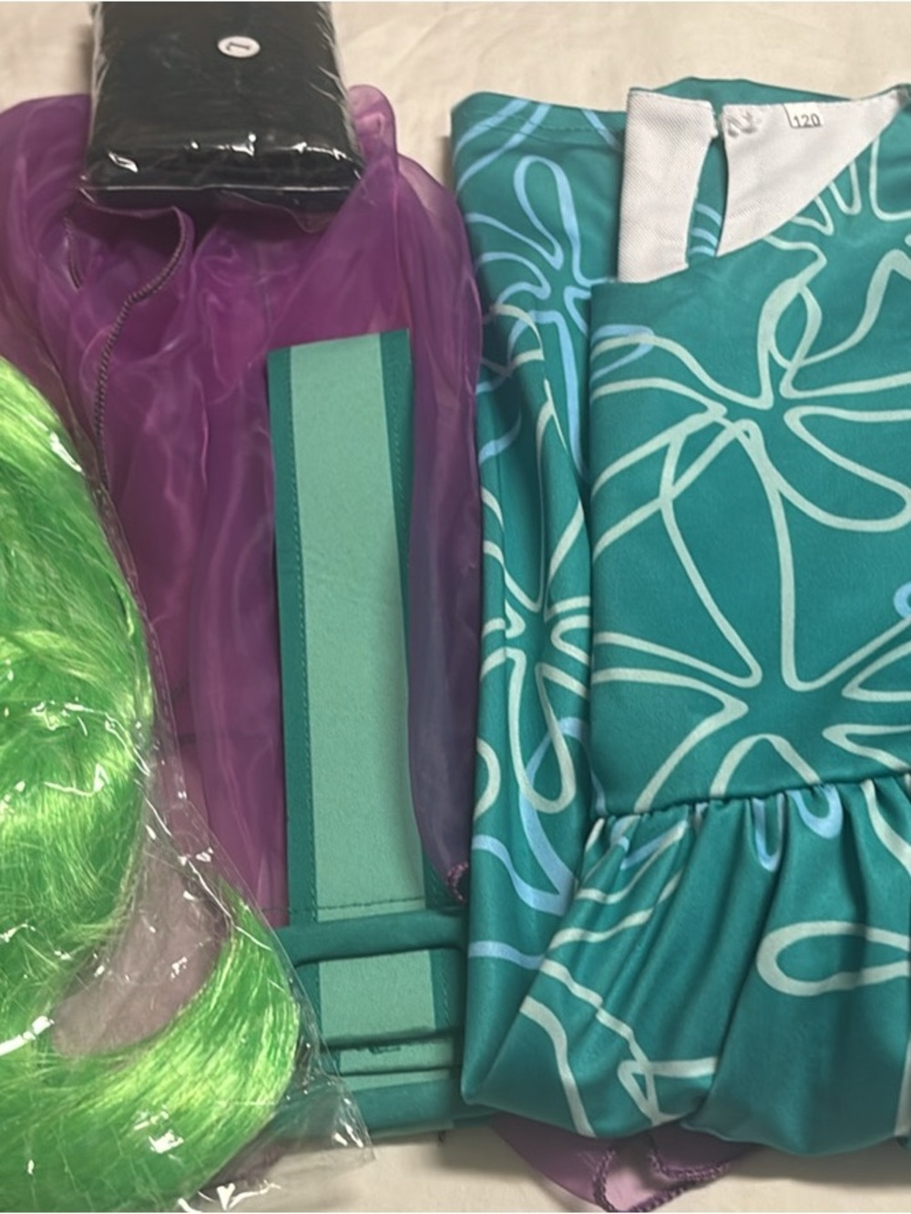LuzienKids Disgust costumes  Floral Dress Costume with Purple scarf & Green wig
